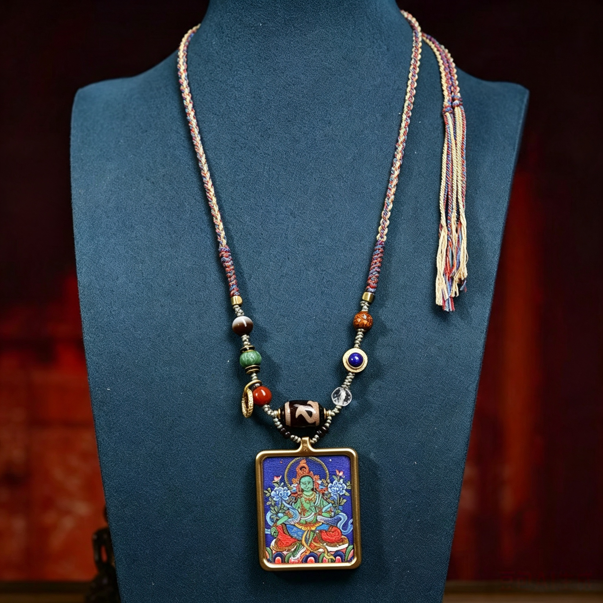Hand-Painted Himalayan Figurative Art Pendant Necklace | Hand Knotted Cord Heritage Adornment for Grounded Reflection & Gentle Calm