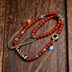 Artisan Curated Red Agate Bead Ornament Pendant Necklace, Himalayan Folk Symbol Decorative Stone