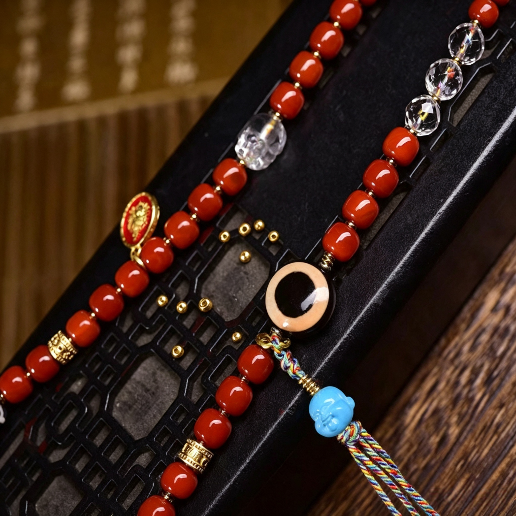 Artisan Curated Red Agate Bead Ornament Pendant Necklace, Himalayan Folk Symbol Decorative Stone