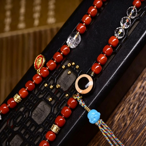 Artisan Curated Red Agate Bead Ornament Pendant Necklace, Himalayan Folk Symbol Decorative Stone