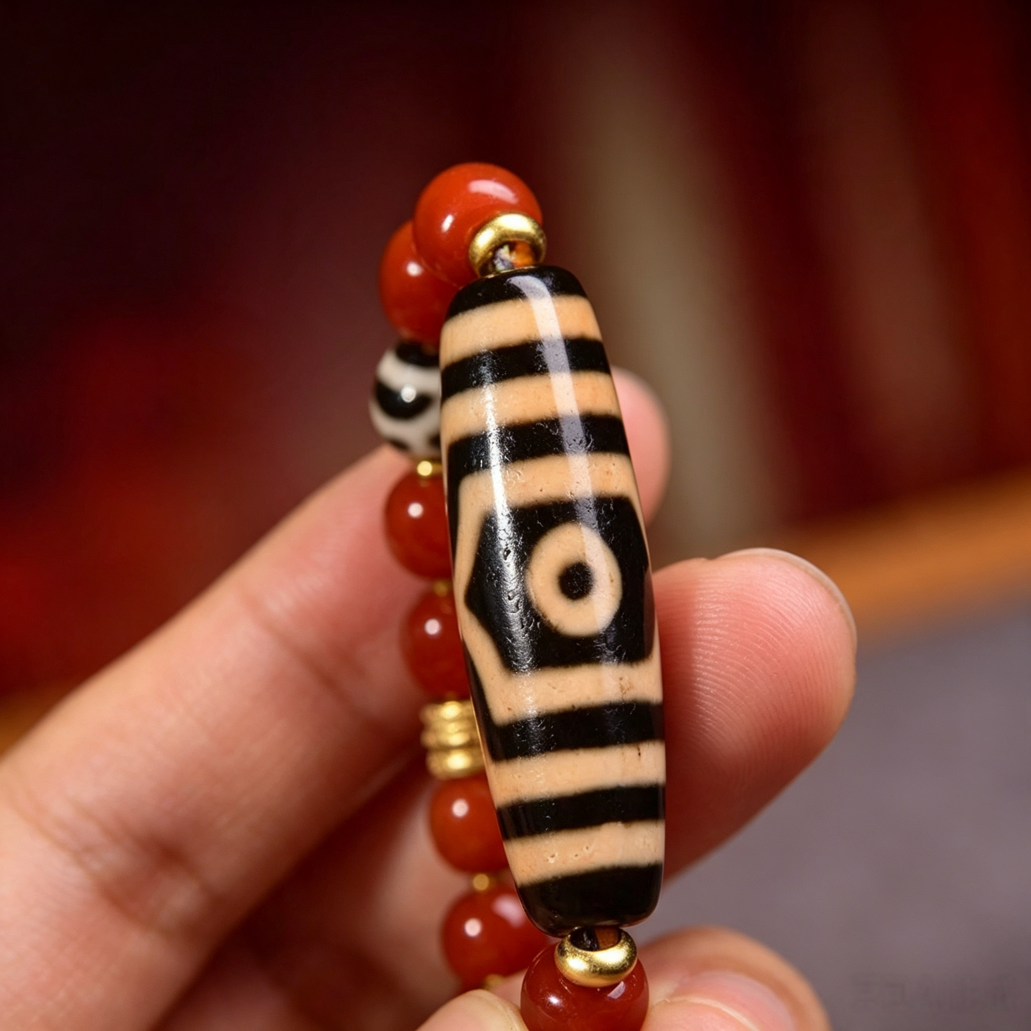 Artisan Curated Red Agate Bead Ornament Pendant Necklace, Himalayan Folk Symbol Decorative Stone