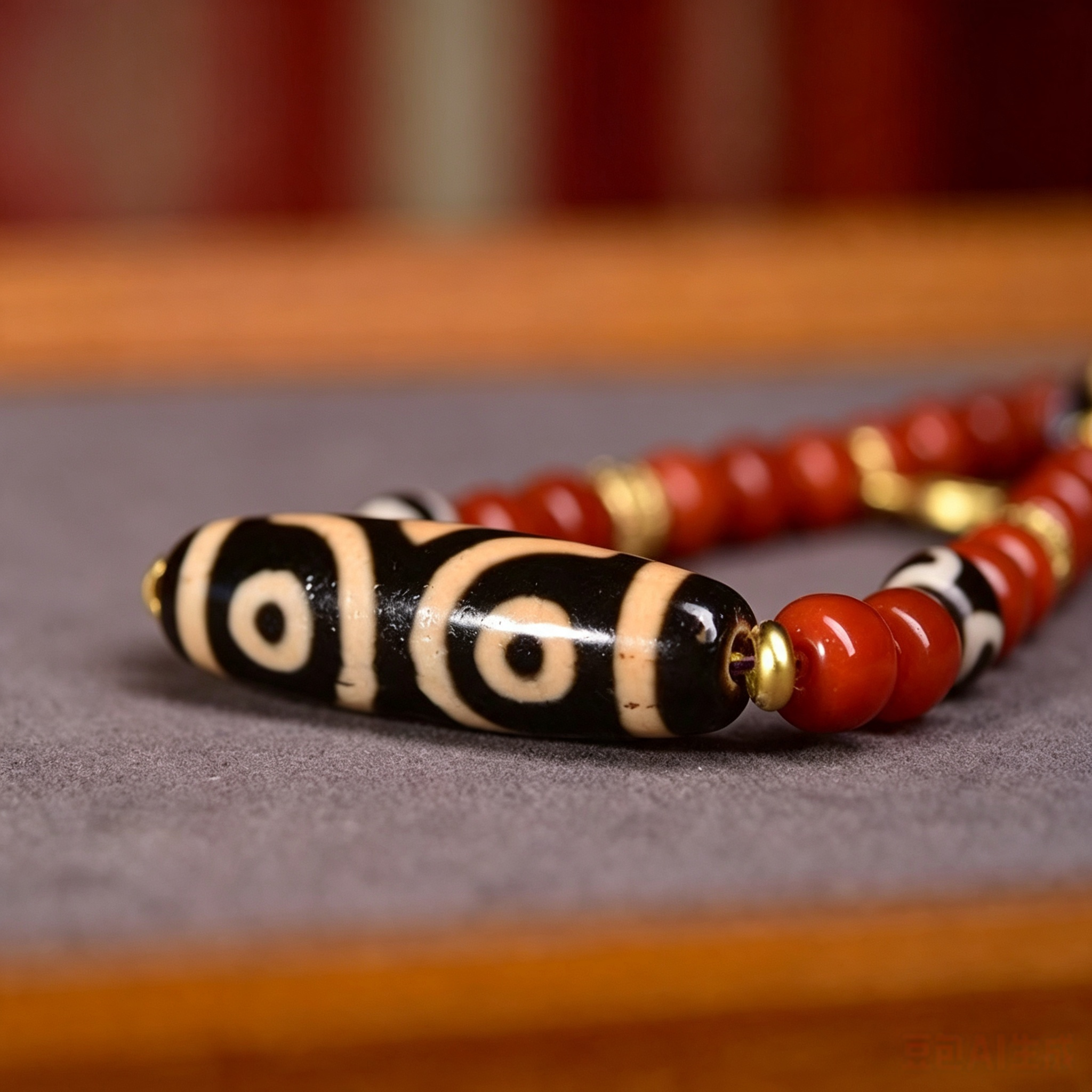 Artisan Curated Red Agate Bead Ornament Pendant Necklace, Himalayan Folk Symbol Decorative Stone