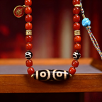 Artisan Curated Red Agate Bead Ornament Pendant Necklace, Himalayan Folk Symbol Decorative Stone