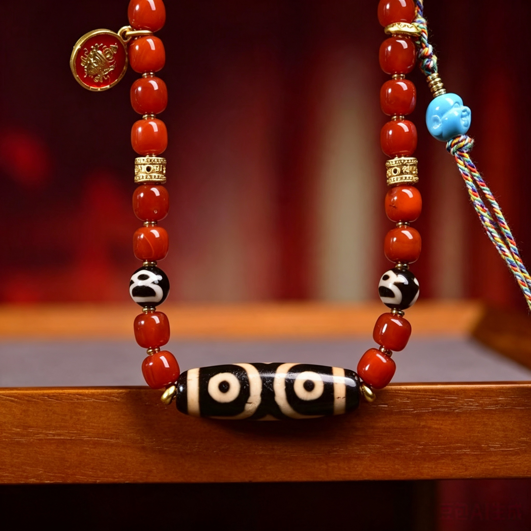 Artisan Curated Red Agate Bead Ornament Pendant Necklace, Himalayan Folk Symbol Decorative Stone