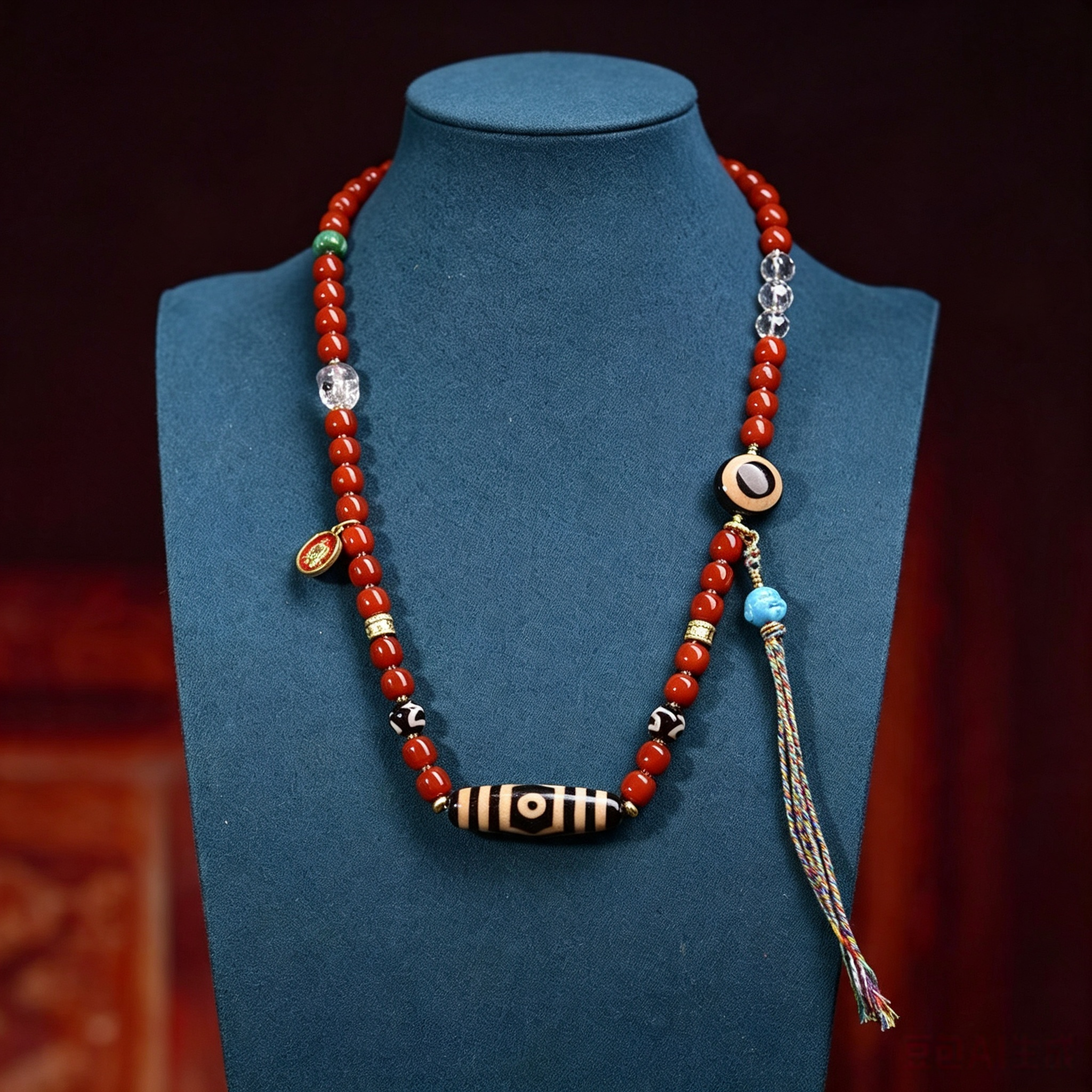 Artisan Curated Red Agate Bead Ornament Pendant Necklace, Himalayan Folk Symbol Decorative Stone