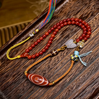 Hand Curated Red Agate Beaded Decorative Necklace with Himalayan Pattern Art Stone & Crystal Accents