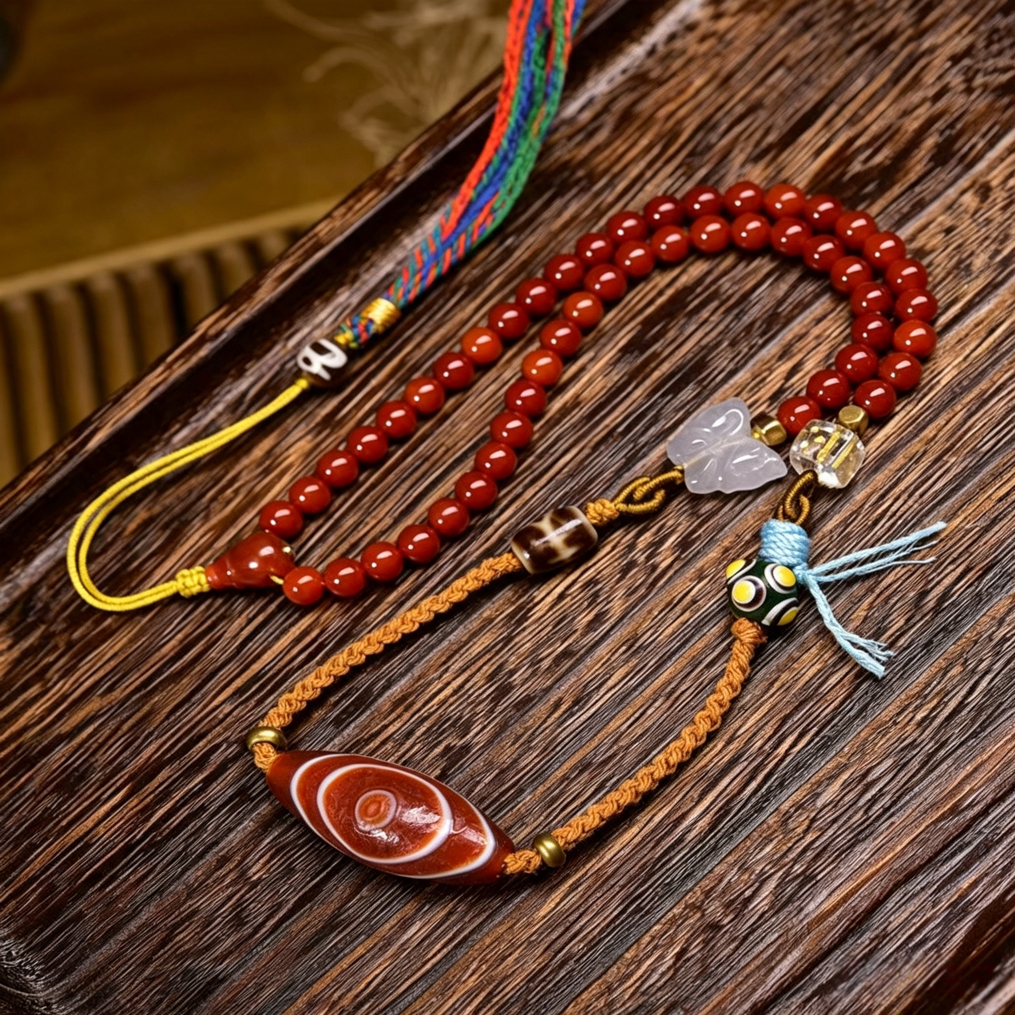 Hand Curated Red Agate Beaded Decorative Necklace with Himalayan Pattern Art Stone & Crystal Accents