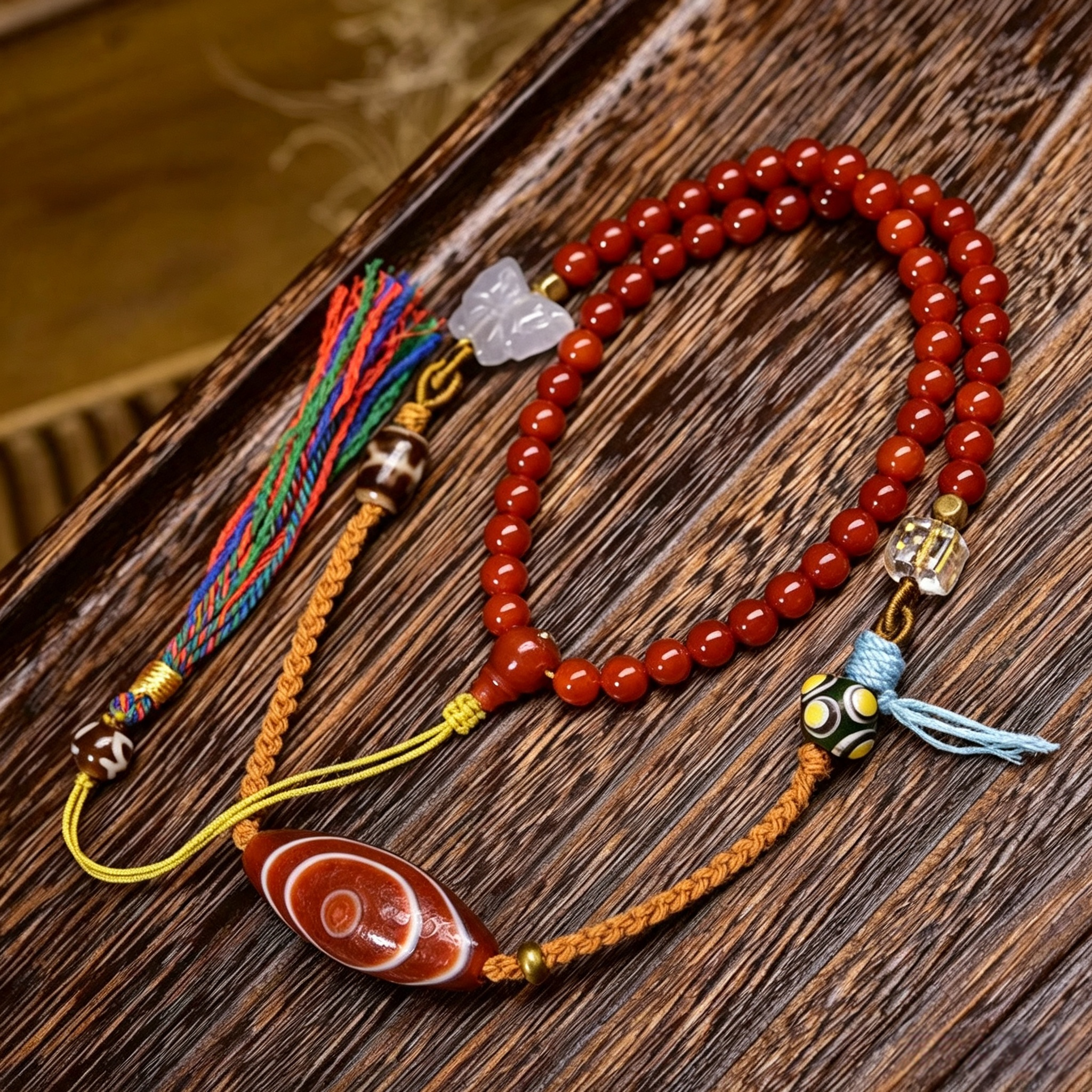 Hand Curated Red Agate Beaded Decorative Necklace with Himalayan Pattern Art Stone & Crystal Accents