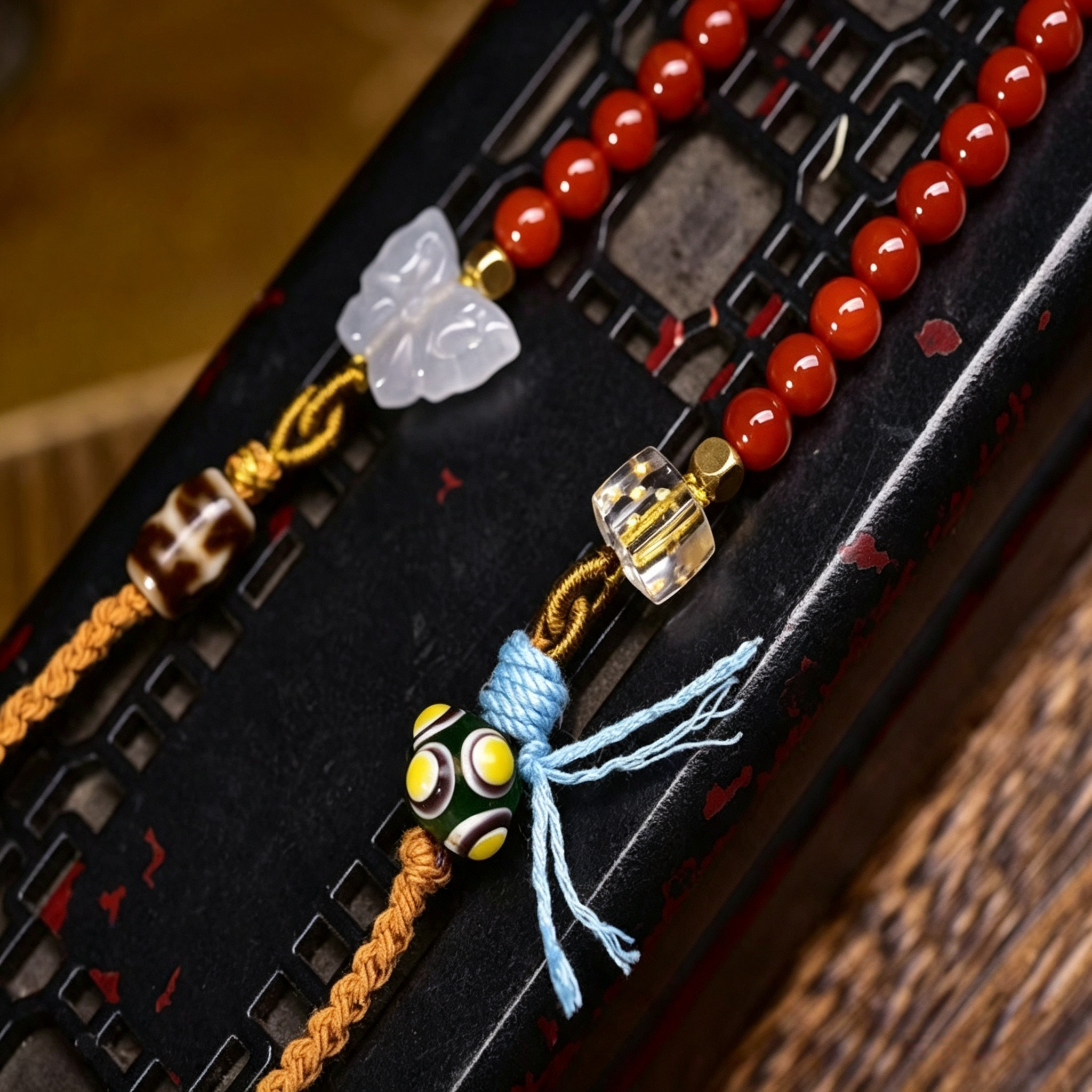 Hand Curated Red Agate Beaded Decorative Necklace with Himalayan Pattern Art Stone & Crystal Accents