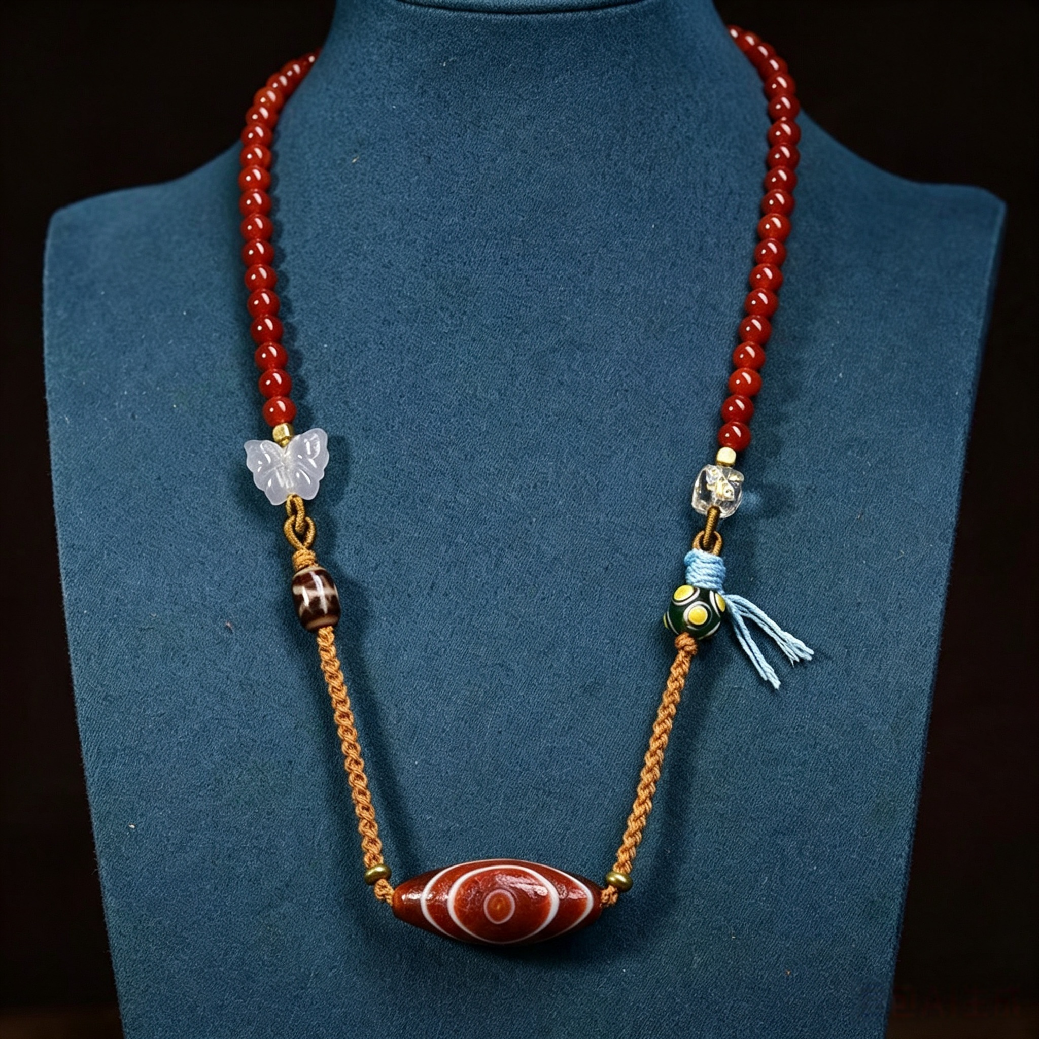 Hand Curated Red Agate Beaded Decorative Necklace with Himalayan Pattern Art Stone & Crystal Accents