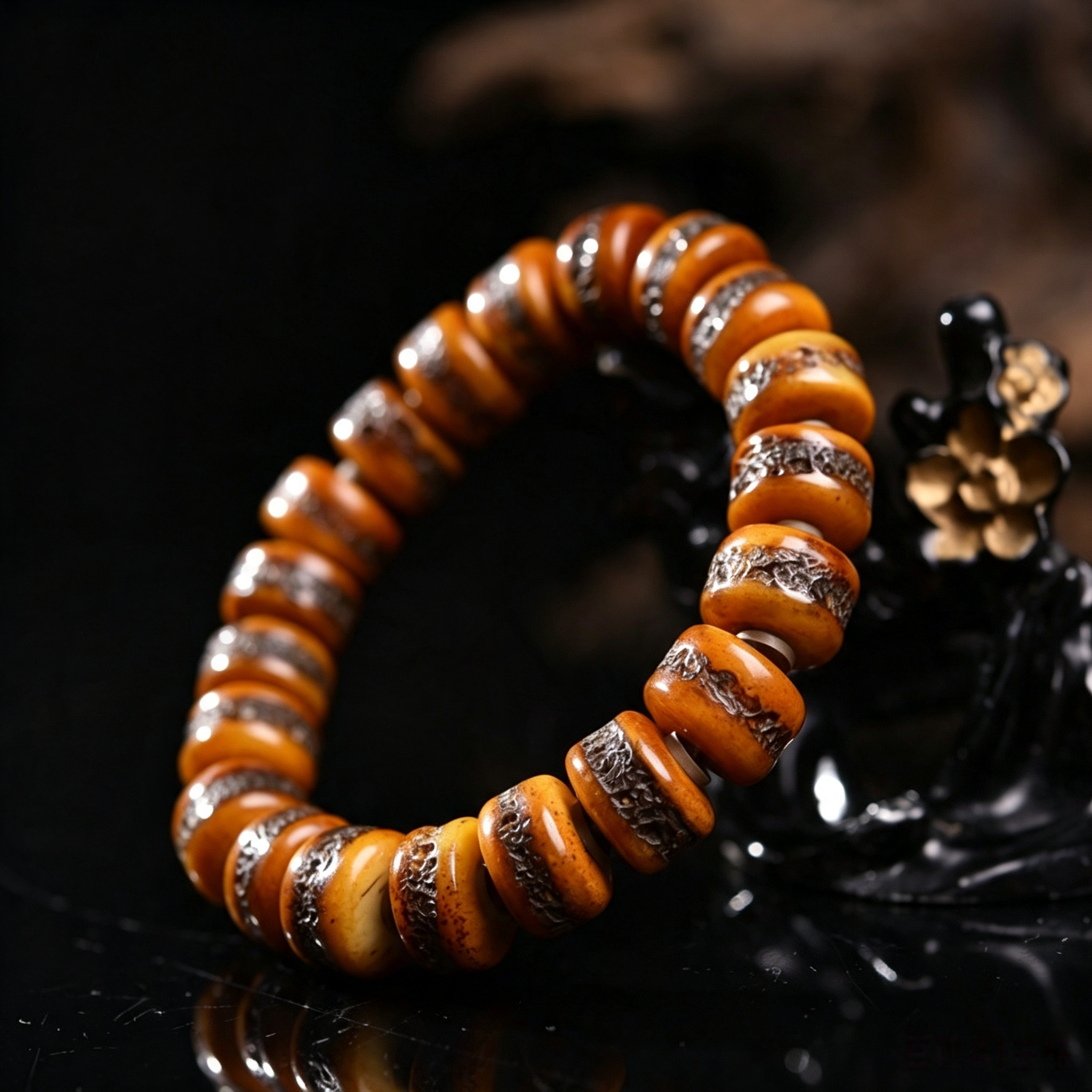 Artisan Hand Polished Natural Bone Barrel Bead Wristband, Himalayan Ethnic Decorative Bracelet for Meditation & Somatic Balance