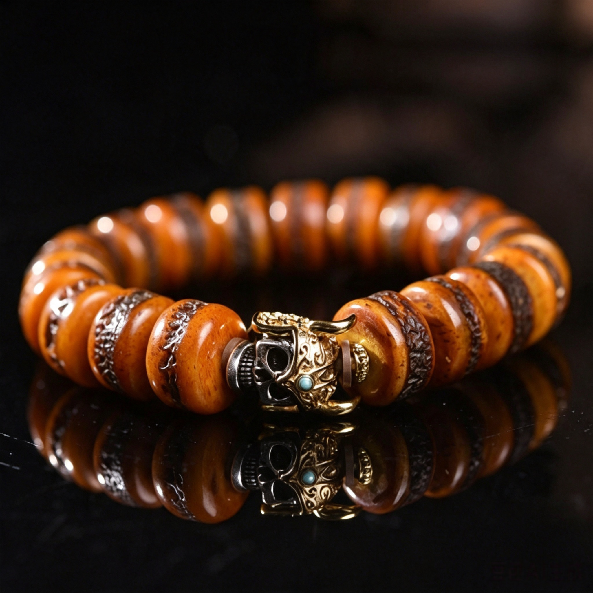 Artisan Hand Polished Natural Bone Barrel Bead Wristband, Himalayan Ethnic Decorative Bracelet for Meditation & Somatic Balance