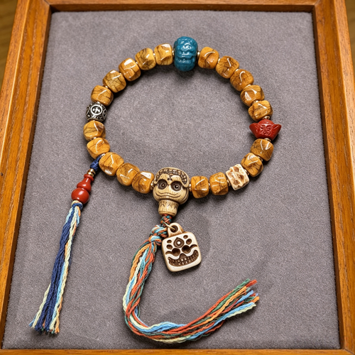 Hand Carved Natural Bone & Herbal Seed Bead Bracelet with Tassel Pendant | Himalayan Ethnic Handcrafted Wrist Jewelry for Grounding Energy & Inner Peace