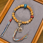 Hand Carved Natural Bone & Herbal Seed Bead Bracelet with Tassel Pendant | Himalayan Ethnic Handcrafted Wrist Jewelry for Grounding Energy & Inner Peace