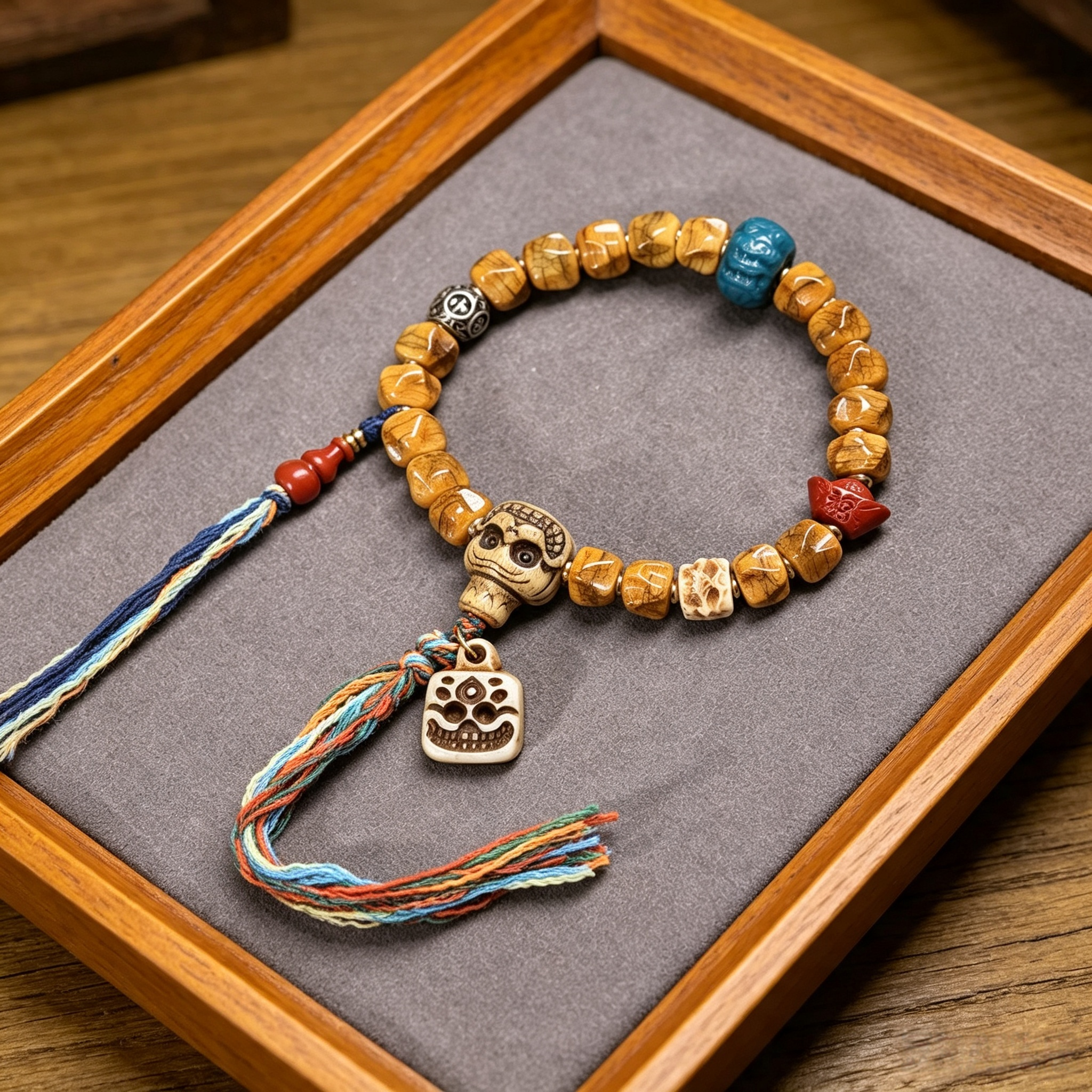 Hand Carved Natural Bone & Herbal Seed Bead Bracelet with Tassel Pendant | Himalayan Ethnic Handcrafted Wrist Jewelry for Grounding Energy & Inner Peace