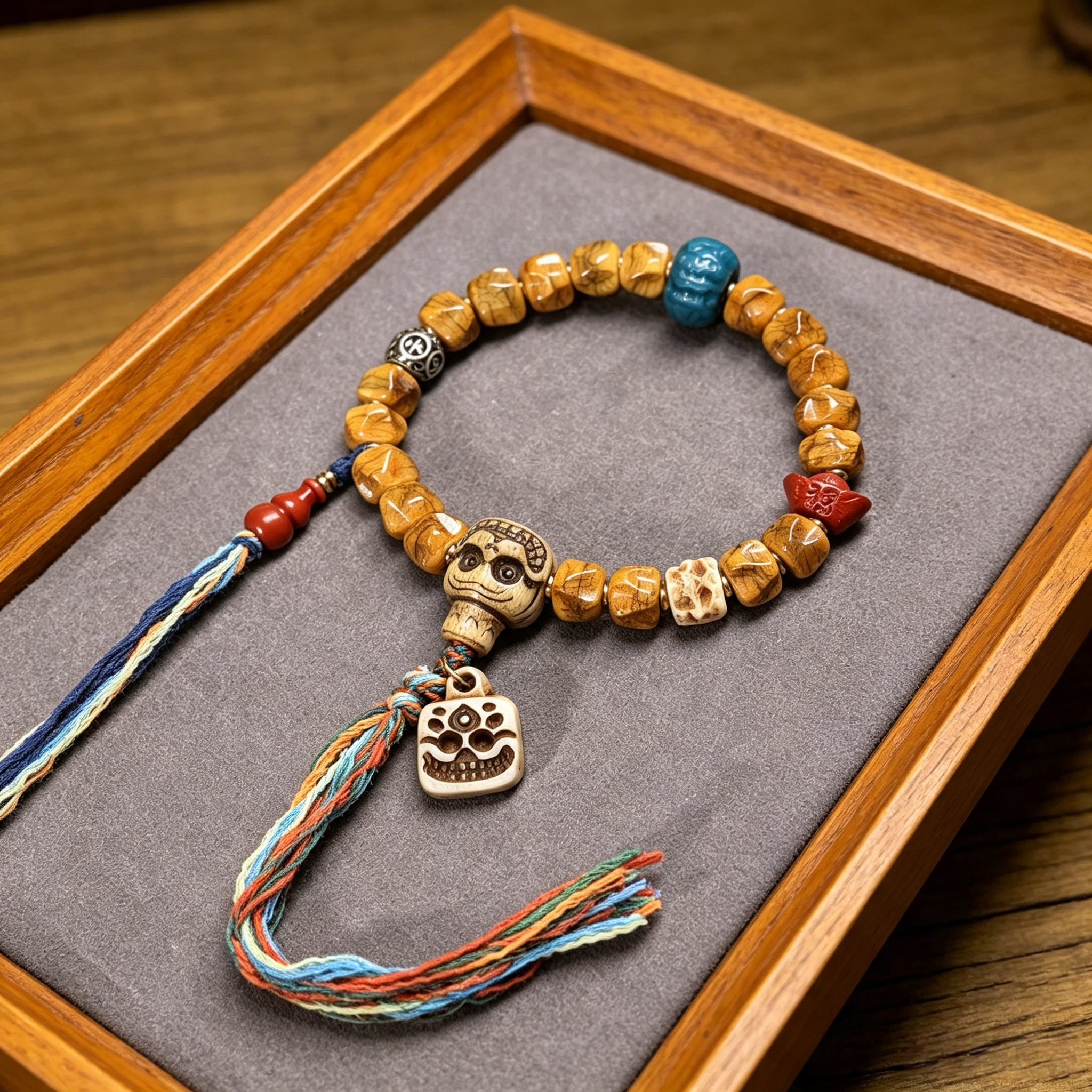 Hand Carved Natural Bone & Herbal Seed Bead Bracelet with Tassel Pendant | Himalayan Ethnic Handcrafted Wrist Jewelry for Grounding Energy & Inner Peace