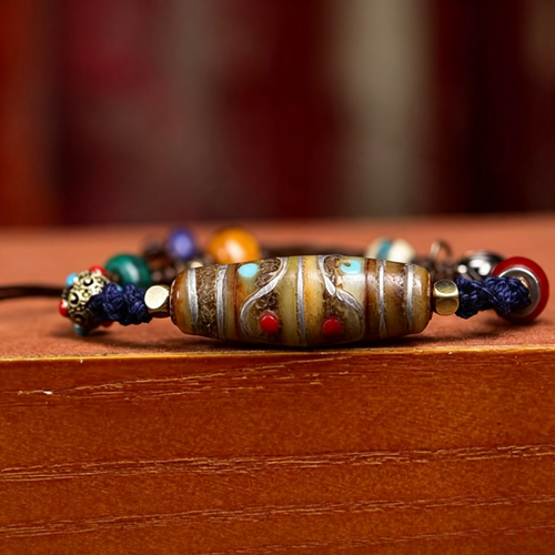 Artisan Braided Ethnic Style Wristband, Inlaid Agate Multi-Stone Decor Handmade Bracelet for Meditation & Energy Harmonizing