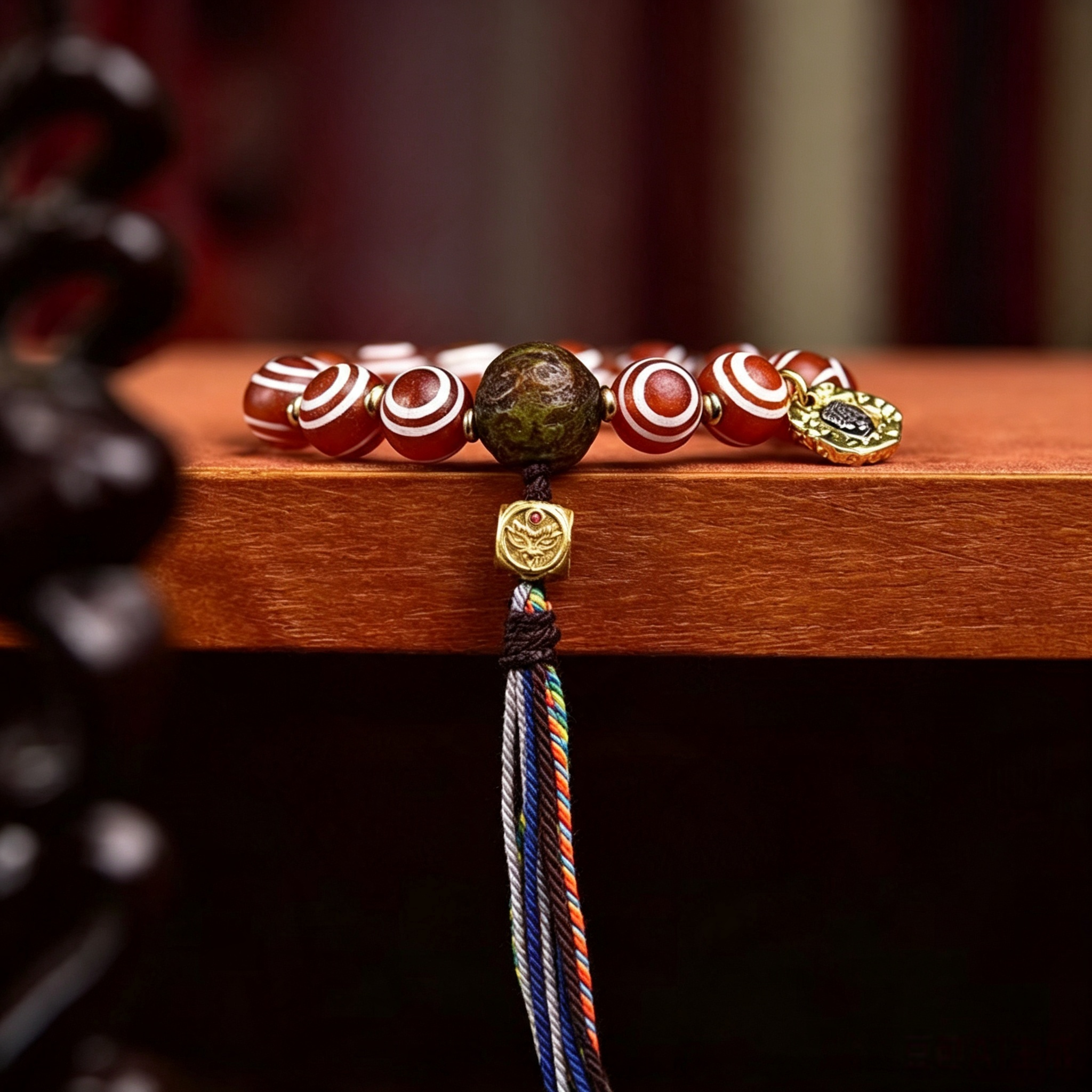 Natural Patterned Agate Round Bead Single Loop Bracelet with Handwoven Tassel Metal Charms | Himalayan Vintage Ethnic Handcrafted Wrist Jewelry for Energy Grounding & Karmic Realignment