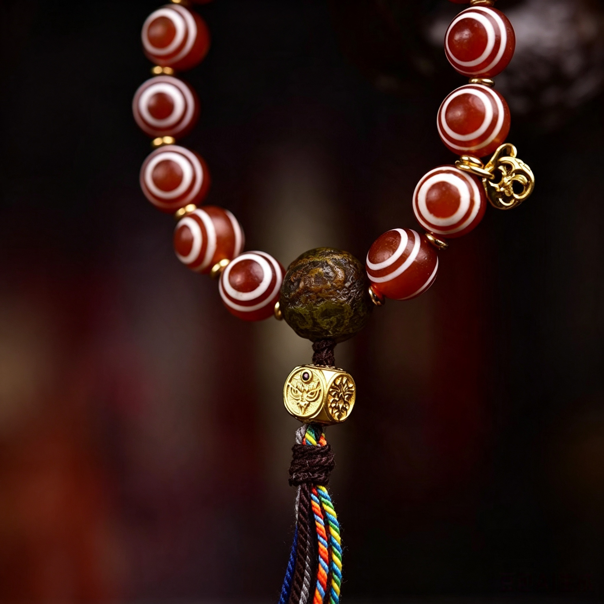 Natural Patterned Agate Round Bead Single Loop Bracelet with Handwoven Tassel Metal Charms | Himalayan Vintage Ethnic Handcrafted Wrist Jewelry for Energy Grounding & Karmic Realignment