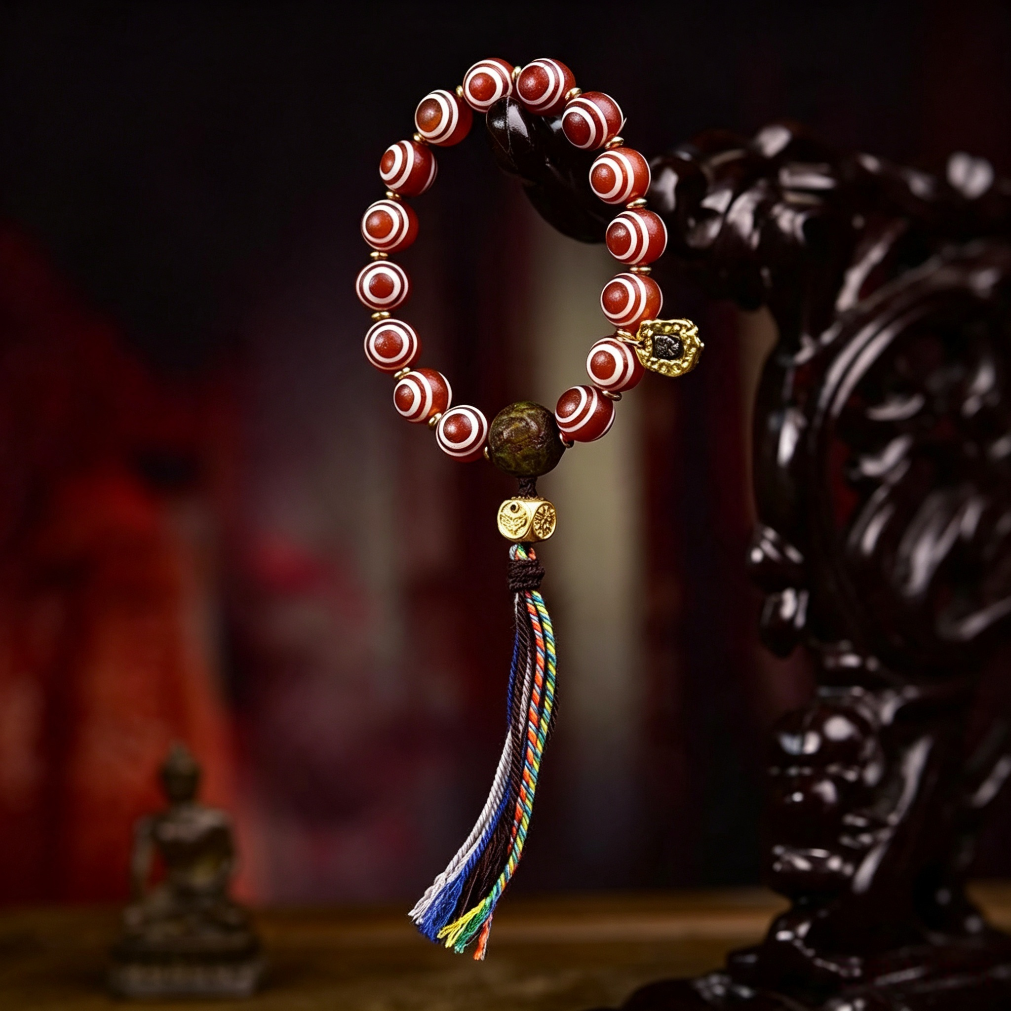 Natural Patterned Agate Round Bead Single Loop Bracelet with Handwoven Tassel Metal Charms | Himalayan Vintage Ethnic Handcrafted Wrist Jewelry for Energy Grounding & Karmic Realignment