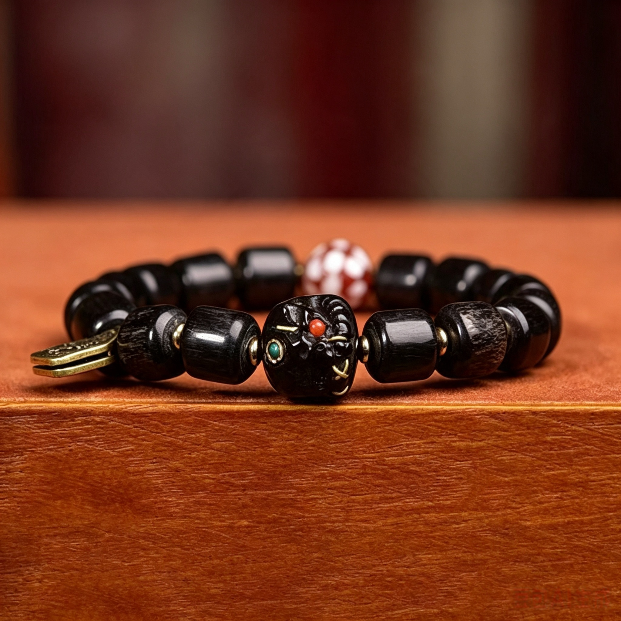 Polished Natural Dark Horn Barrel Bead Single Strand Bracelet with Plant Seed Inlaid Metal Ornaments | Himalayan Vintage Ethnic Handmade Wrist Jewelry for Karmic Realignment & Somatic Inner Balance